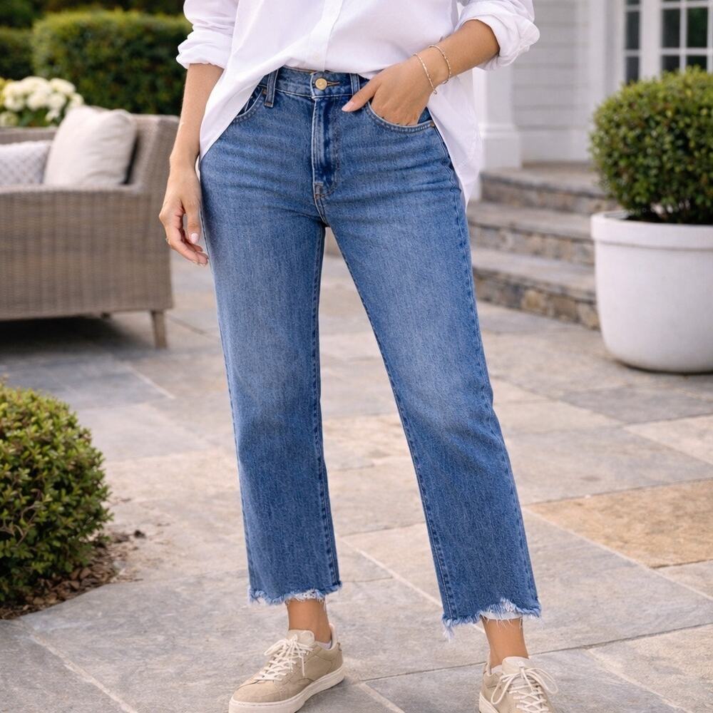 Edwin Marli High-Rise Slim Wide Leg Jeans Blue Raw Hem Size 25